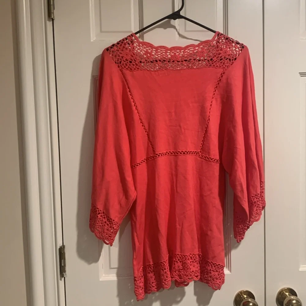 Boston Proper Coral Crochet Accented Lightweight Sweater - Picture 5 of 10